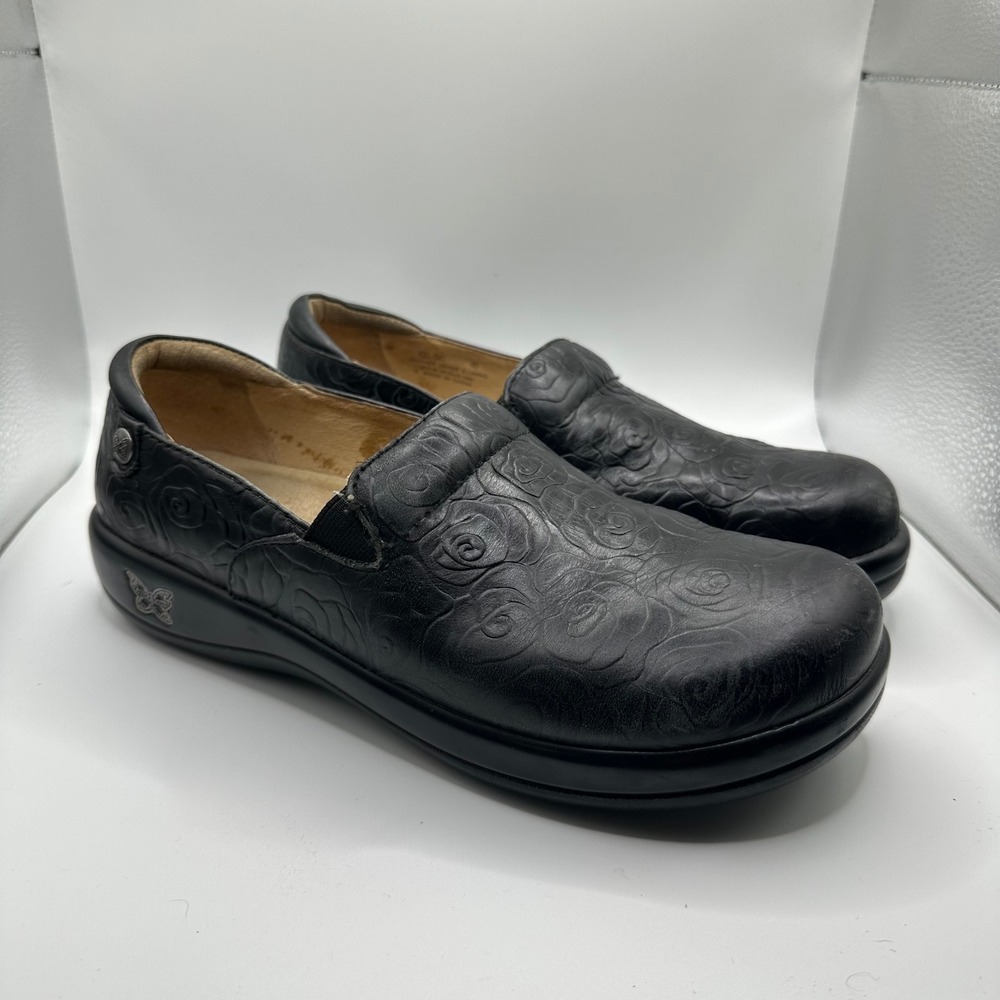 Alegria Black Leather Rose Embossed Slip On Clogs Comfort Shoes‎ Size 40